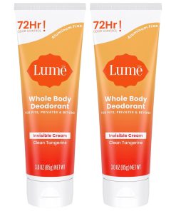 Lume Whole Body Deodorant - Invisible Cream Tube - 72 Hour Odor Control - Aluminum Free. Baking Soda Free. Skin Safe - 3.0 ounce (Pack of 2) (Clean Tangerine)