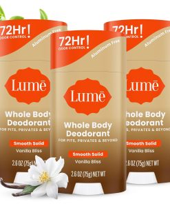 Lume Whole Body Deodorant - Smooth Solid Stick - 72 Hour Odor Control - Doctor Developed - Aluminum Free. Baking Soda Free and Skin Loving - 2.6 Ounce (Pack of 3) (Vanilla Bliss)