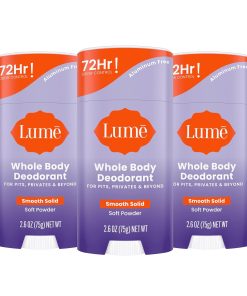 Lume Whole Body Deodorant - Smooth Solid Stick - 72 Hour Odor Control - Aluminum Free. Baking Soda Free and Skin Loving - 2.6 Ounce (Pack of 3) (Soft Powder)