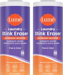 Lume Clothing Odor & Stain Remover ??Laundry Booster & Soak ??Removes Body Odor from Clothes ??Powerful Odor-Eliminating Enzyme Formula Boosts Detergent Performance ??Fragrance-Free & Dye-Free ??8 fl oz (Pack of 2)