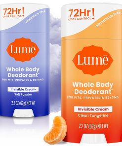 Lume Whole Body Deodorant - Invisible Cream Stick - 72 Hour Odor Control - Doctor Developed - Aluminum Free. Baking Soda Free and Skin Loving - 2.2 Ounce (2 pack) (Soft Powder & Clean Tangerine)