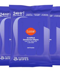 Lume Acidified Deodorant Wipes - 24 Hour Odor Control - Whole Body Deodorant Wipes - Aluminum Free. Baking Soda Free. Skin Loving - Flushable - 15 Count - 3 Pack (Soft Powder)