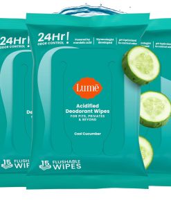 Lume Acidified Deodorant Wipes - 24 Hour Odor Control - Aluminum Free. Baking Soda Free. Skin Loving - 15 Count (Pack of 3) (Cool Cucumber)