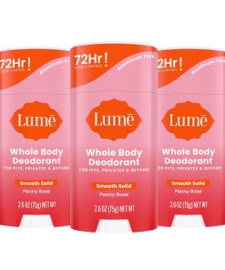 Lume Whole Body Deodorant - Smooth Solid Stick - 72 Hour Odor Control - Aluminum Free. Baking Soda Free and Skin Loving - 2.6 Ounce (Pack of 3) (Peony Rose)