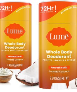 Lume Whole Body Deodorant - Smooth Solid Stick - 72 Hour Odor Control - Aluminum Free. Baking Soda Free and Skin Safe - 2.6 Ounce (Pack of 2) (Toasted Coconut)