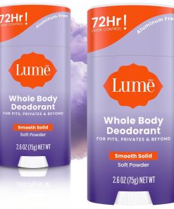 Lume Whole Body Deodorant - Smooth Solid Stick - 72 Hour Odor Control - Aluminum Free. Baking Soda Free and Skin Safe - 2.6 Ounce (Pack of 2) (Soft Powder)