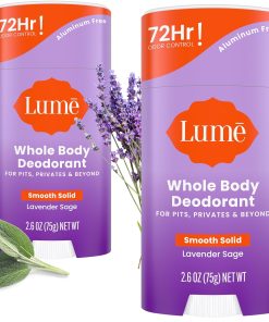 Lume Whole Body Deodorant - Smooth Solid Stick - 72 Hour Odor Control - Aluminum Free. Baking Soda Free and Skin Safe - 2.6 Ounce (Pack of 2) (Lavender Sage)